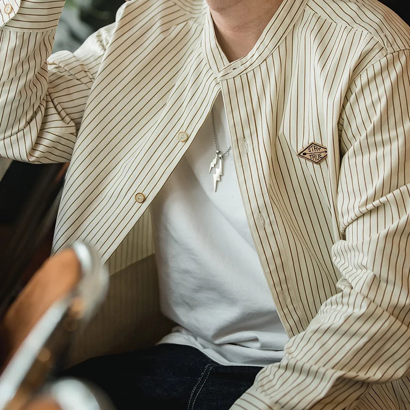 Maden Vintage Striped Long Sleeve Shirts Korea Styel Mens Loose Cotton Baseball Shirt Uncle Fu Male Clothes Plus Size Blouses 260708BJ