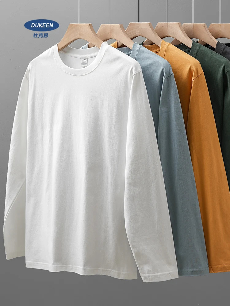 DUKEEN Mens 260G Long Sleeve T Shirts 2025 Spring Pure Cotton Solid Color Basic Crew-Neck Undershirt Mens Loose Tops 11 Color 260708BJ