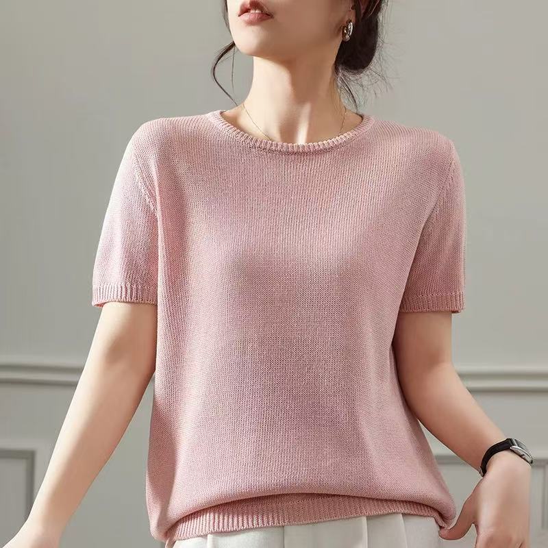 083 Tissu en lin léger, base tricotée à manches courtes et col rond pour femme, au style simple et minimaliste