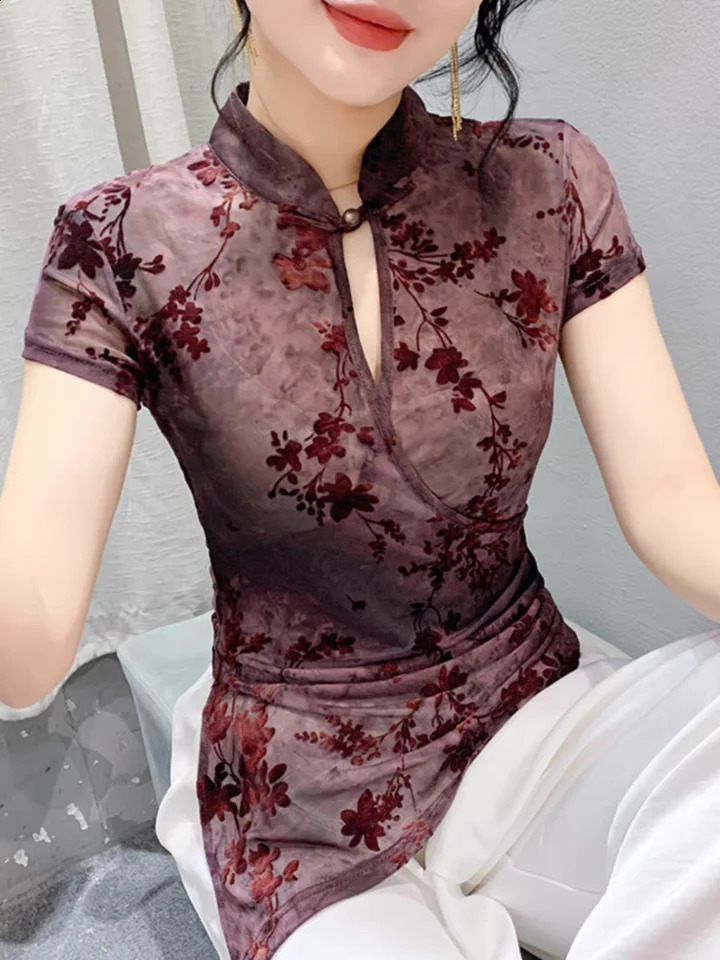 Vintage Chinese Style Stand Collar T-shirt Elegant Women Short Sleeve Flocking Soft Flowers Mesh Tees T Shirts Female Tops 260707BJ