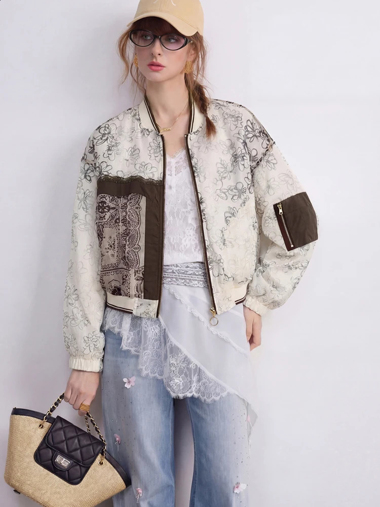 Women Lightweight Oversized Bomber Jacket Patchwork Floral Print Zip Up Baseball Thin Spring Summer Coat 260630BANJIA