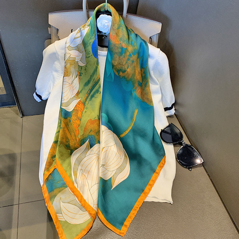 Designer Scarf For Women Silk Scarf 90cm Square Satin Floral Print Scarf Korean Fashion Versatile Neck Wrap Luxury Gift Scarves For Ladies Daily Out