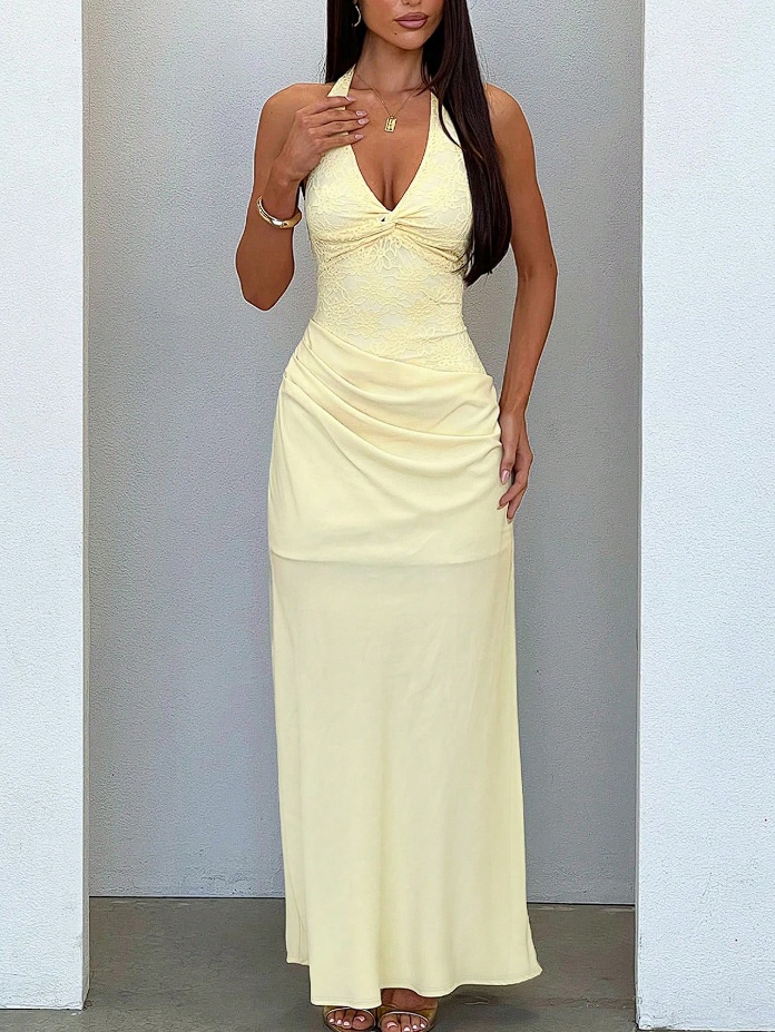 Licou profond V torsadé corsage en dentelle robe de soirée mi-longue froncée sur le côté jupe longue fluide nouée au dos longueur au sol robe for