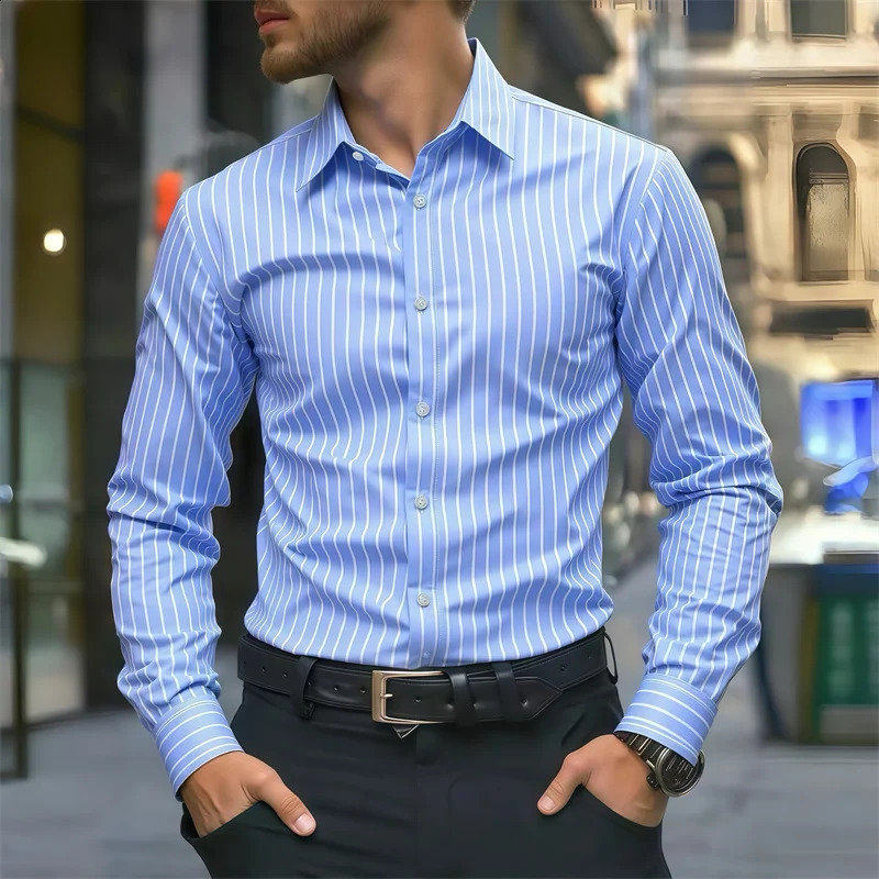 -selling mens business casual blue and white striped long-sleeved shirt slim fit formal shirt multiple colors available 260708BJ