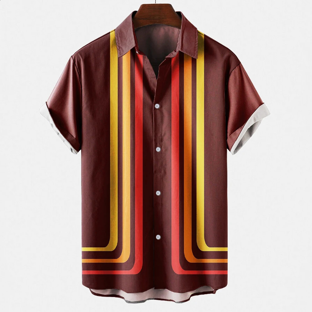 Mens Hawaiian Beach Short Sleeved Striped Shirt 3D Printed Loose Street Fun Mens Top Fashion Casual Simple Pocketless Shirt 260708BJ