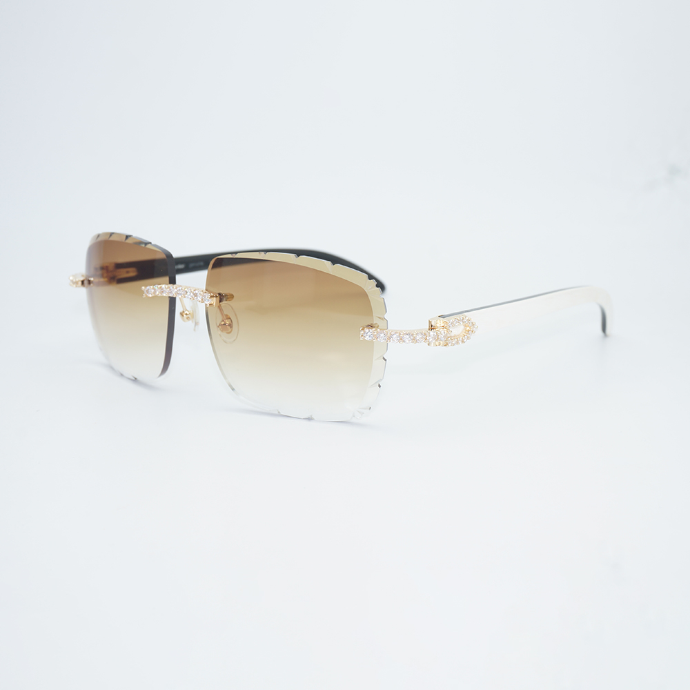 CT0046S Rimless Luxury Sunglasses, Genuine Natural Buffalo Horn Temples, VVS Grade Hand Set Moissanite Decoration, UV400 Gradient Lens Unisex Design
