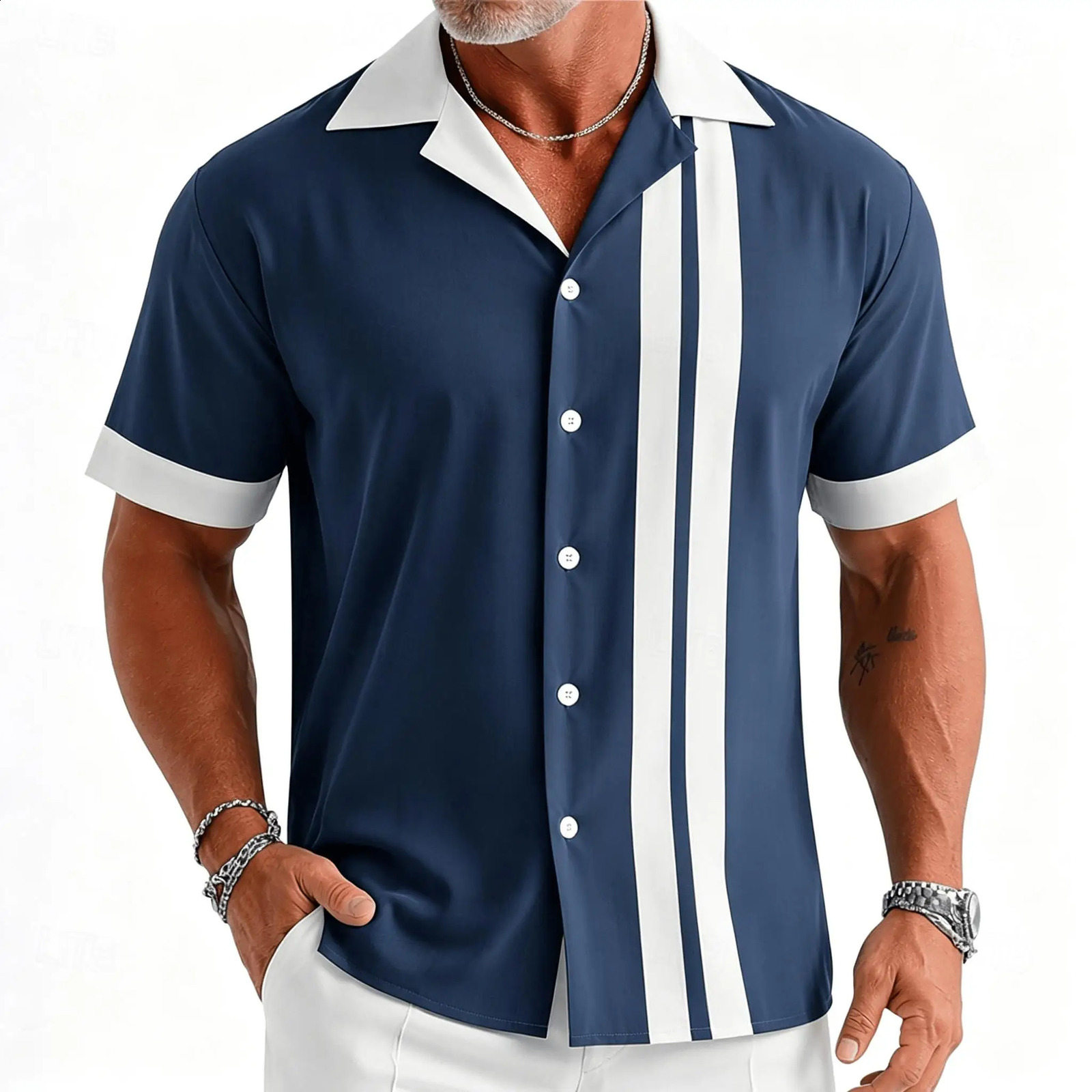 Mens navy blue and white vintage bowling striped short-sleeved shirt a retro style from the 1950s 260708BJ