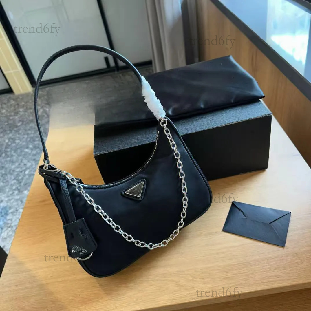 12A Designer P Women Fashion Triangles Waterproof Nylon Fabric Bag Hobo Chain Bag One Shoulder Crescent Messenger Bag Versatile Casual Black Desigua