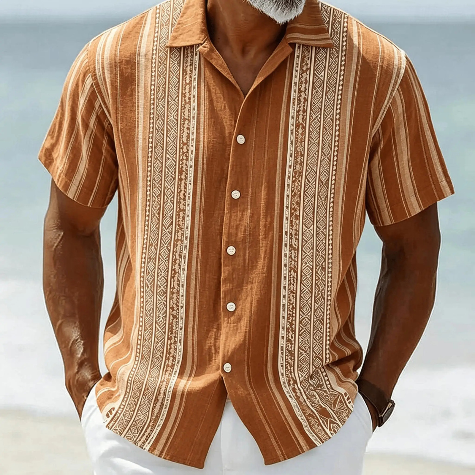 Mens Brown Gold Ethnic Striped Print Short Sleeve Shirt Vintage Boho Button Up Shirt for Spring Summer 260708BJ