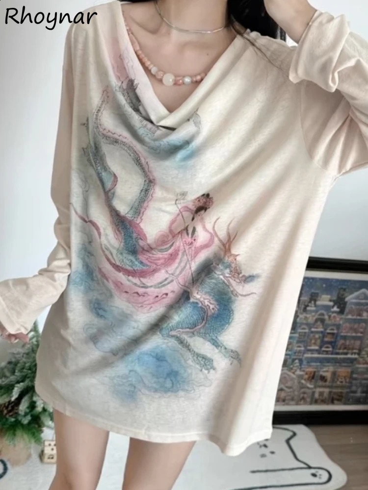 Long Sleeve T-shirts Women Patchwork Baggy Printed Chineses Chic Simple Girls Elegant Fashion All-match Daily Aesthetic Clothes 260707BJ