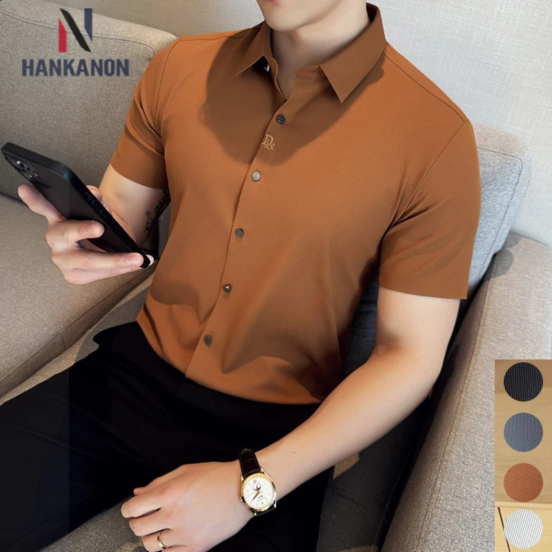 Mens White Business Casual Shirt Fitted Striped Elastic Short-sleeved Shirt Exquisite Embroidered Summer Formal Work Uniform 260708BJ