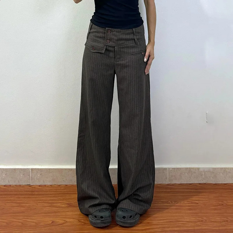 Fall Winter Womens Casual Pants Retro Striped Wide-Leg Straight-Cut Pants Elegant Style Low-Waist Drapey Trousers 260723