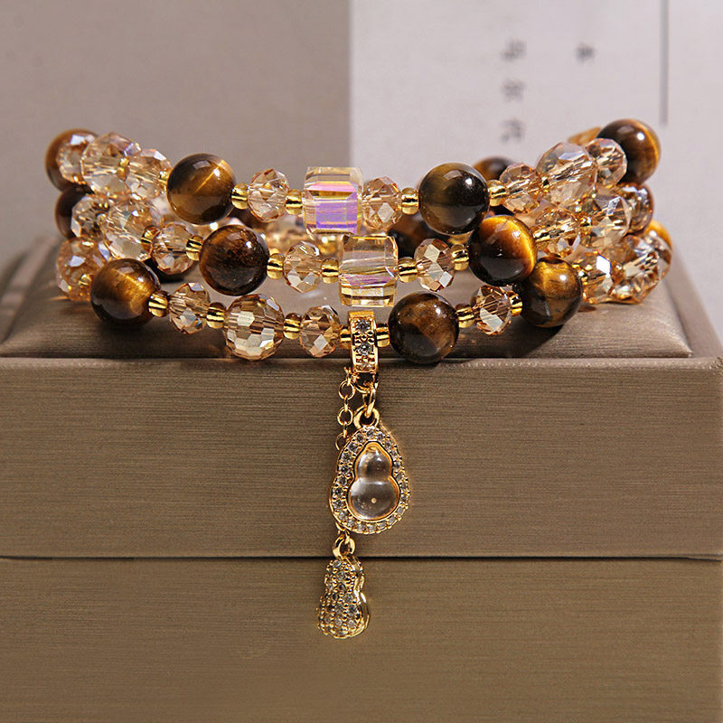 Designer Bracelet Natural tiger eye stone and yellow crystal multi layer bracelet with a light luxury niche feel featuring a gourd pendant a gift fo