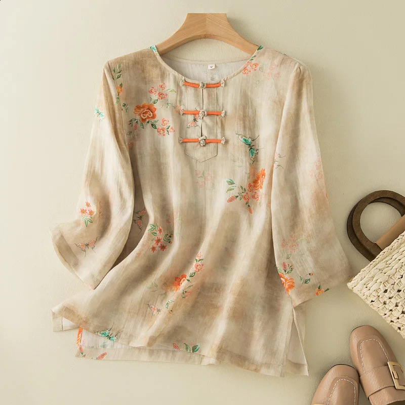 Chinese Style Apricot Floral Printing O-Neck Short Sleeve T-shirt Womens Blouse Shirt Korean Fashion Female Clothing Tops 260707BJ