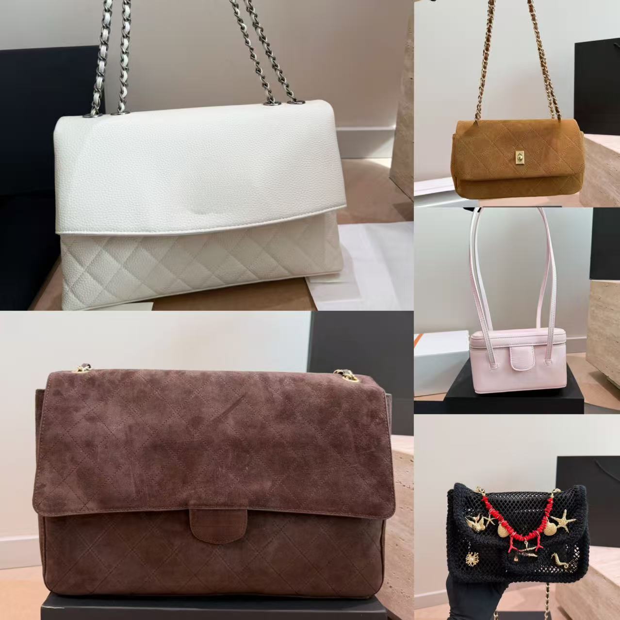 2026 Luxury Fashion Multi Style Ladies Purse Premium Cowhide Rhombus Quilted Suede Chain Shoulder Bag Mini Handbag Summer Beach Mesh Crossbody Bag