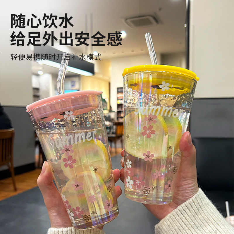 Sakura high aesthetic value ins-style colorful glass for milk tea and beverages, straight with straw, dual-use drinking cup, gift water cup-image-1114277175