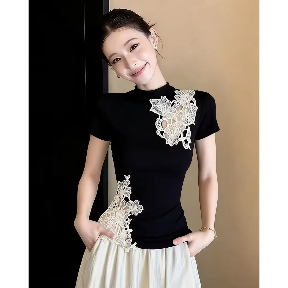 Chinese Style Black Lace Splicing Short-sleeved Tops 2026 Womens Summer n Sense Slim Thin Hollow T-Shirts Tees 260707BJ