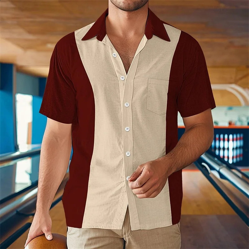 Mens Summer Beach Casual Bowling Button Down Shirt Black Blue Green Grey Lapel Vacation Everyday Front Pocket Outfit 260708BJ
