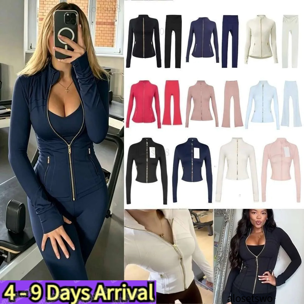 Women Yoga Two Piece Sets Fitness Leggings High Waist Sports Jackets Gold zipper Elastic Sportswear Gym Suits Workout Tracksuits AAAAA