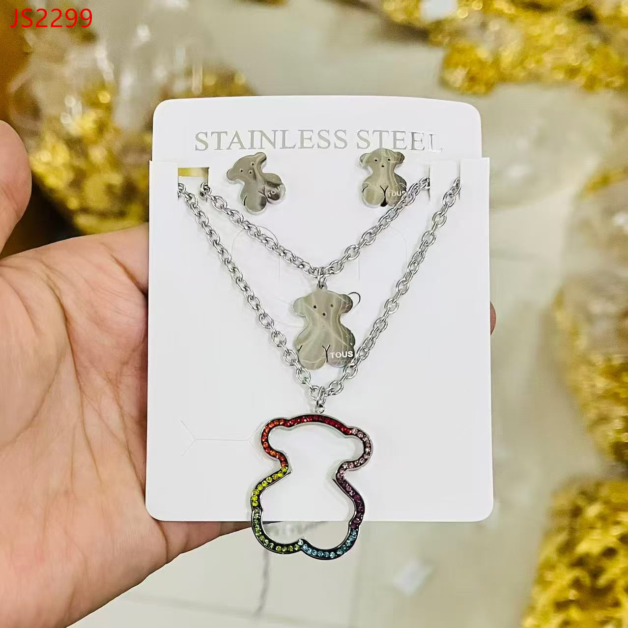 Fashion Women Girls Silver Gold White Zircon Stainless Steel Span Bear Cartoon Animal Glass Heart Zircon Letter Pendant Earrings Jewelry A Gift-image-1114329922