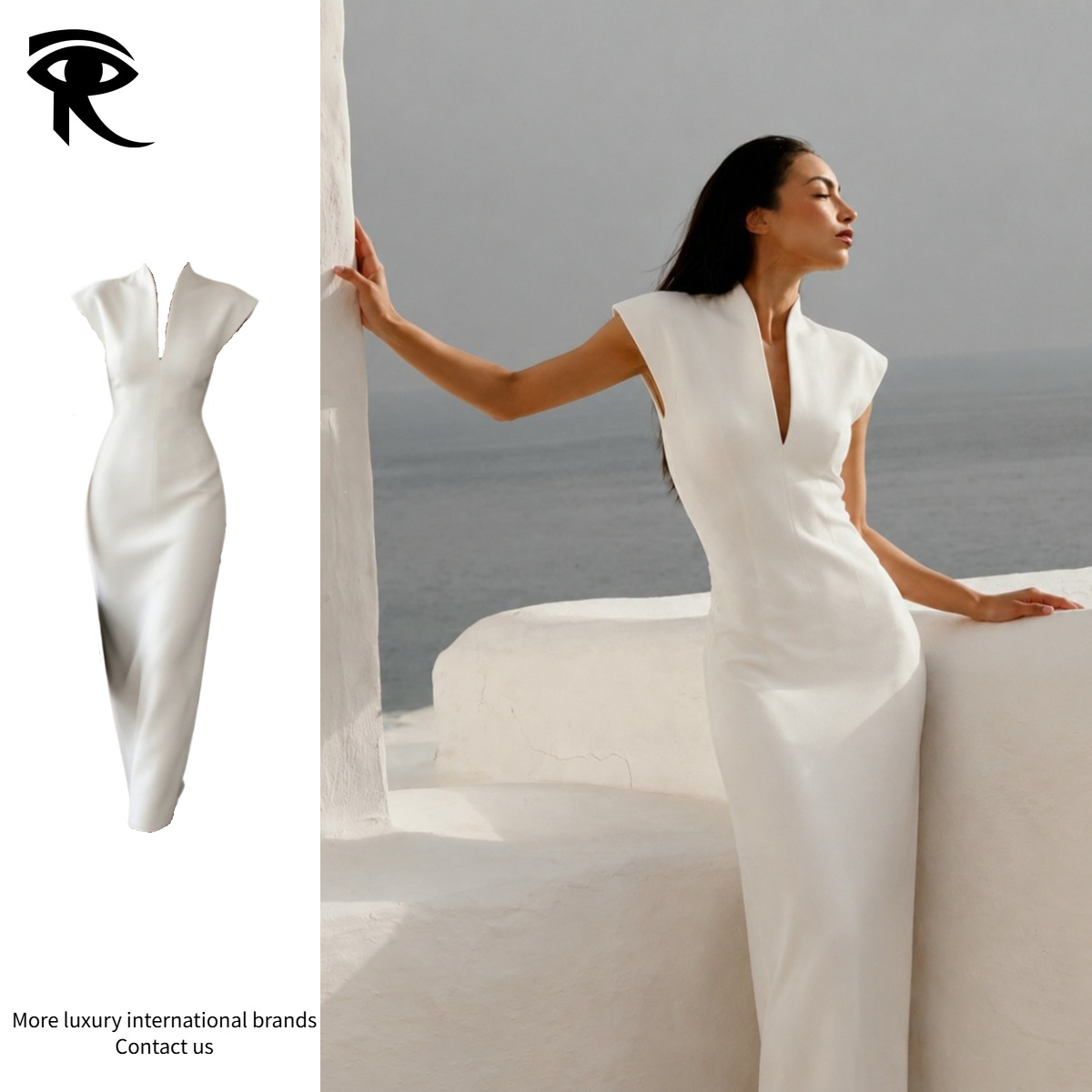 French High-End Elegant Solid Color Bodycon Stand Collar Evening Dress Women Cap Sleeve Deep V Classic Luxury Business Commute Original Fashion D