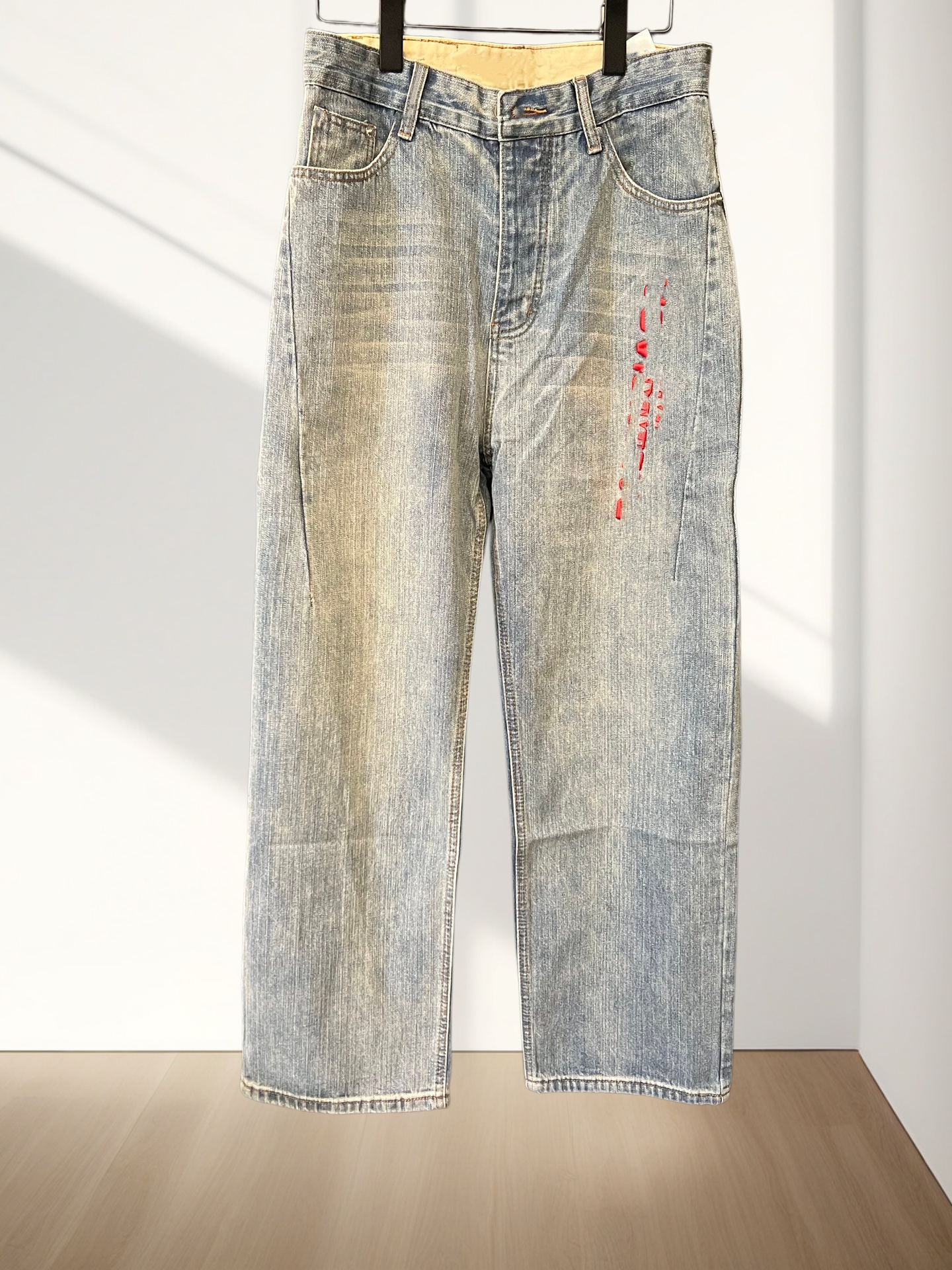 B Red embroidery style pleated denim pants with bamboo-shaped details-image-1114472692