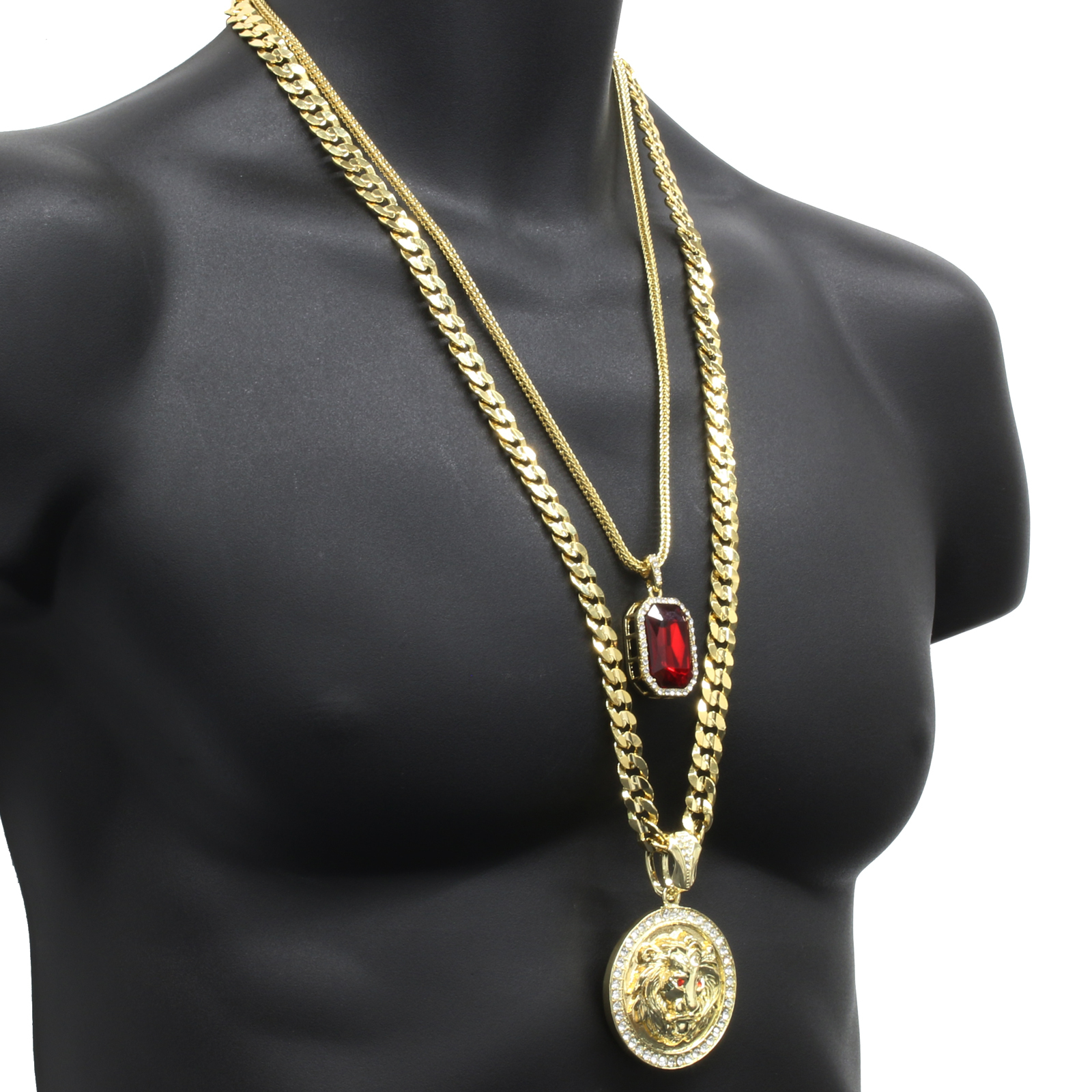 Men's 14k Gold Plated Cuban Chain Lion Face Red Eyes Red Cubic Zirconia