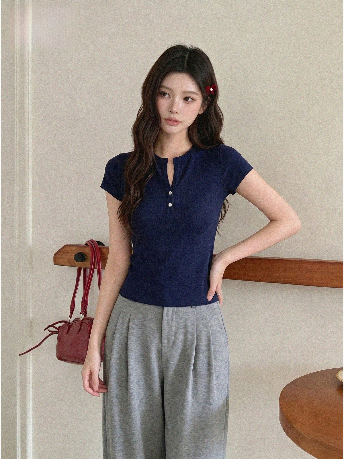 Slim Fit Short Sleeve T-Shirt Womens Korean Style Light Blue Button up Halogen Top Summer Fashionable Casual Knitted Shirt 260708BJ