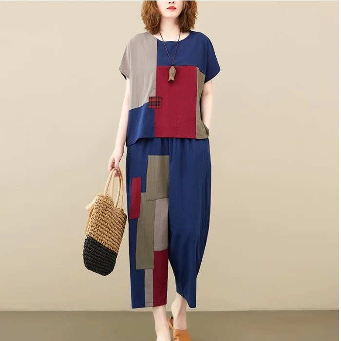 Slimming Effect Cotton Linen Patchwork Loose Womens Set Summer Sle Retro Ethnic Personali Tag Two-Piece Suit 260708BJ