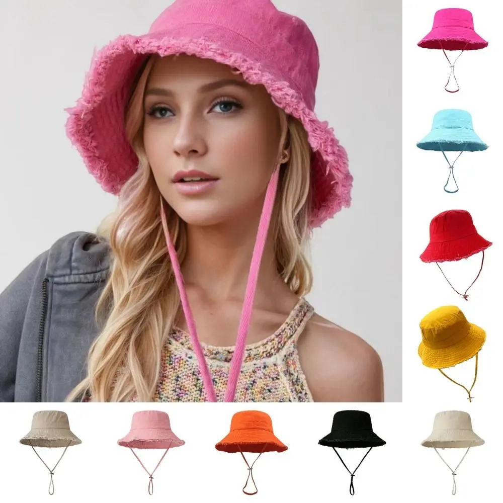 Fashionable Hyun-Ah Style Bucket Hat Adjustable Fringed Summer Sunshade Hat Large-Brimmed Solid Color Women Cap Four Seasons 260710BJ