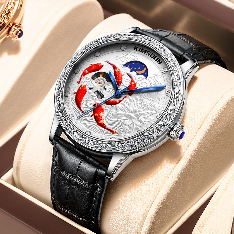 Vintage Engraved Bezel Automatic Mechanical Watch Embossed Lotus Koi Dial Moon Phase Genuine Leather Watch For Men Formal Occasions
