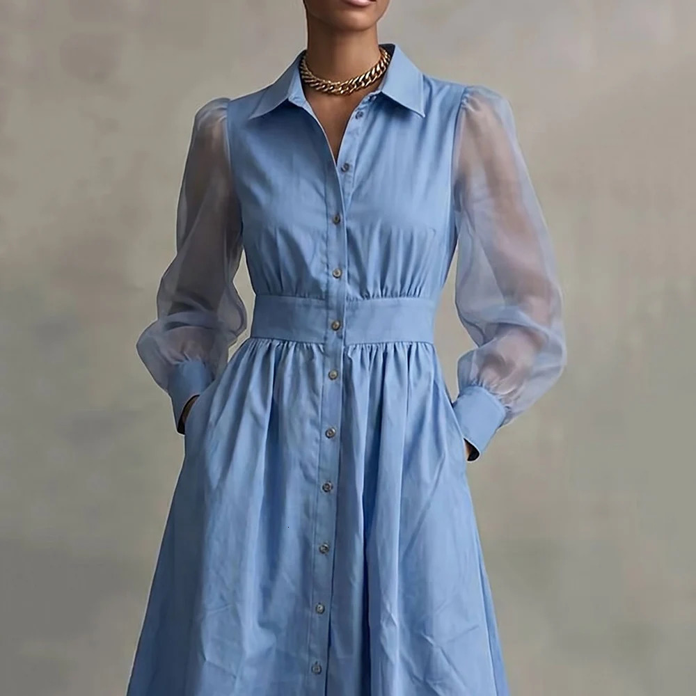 Women Faux Denim Mesh Patchwork Midi Dress Lapel Collar Single-breasted Sheer Long Sleeve Pocket Chic Female Elegant Long Dress 260709BJ
