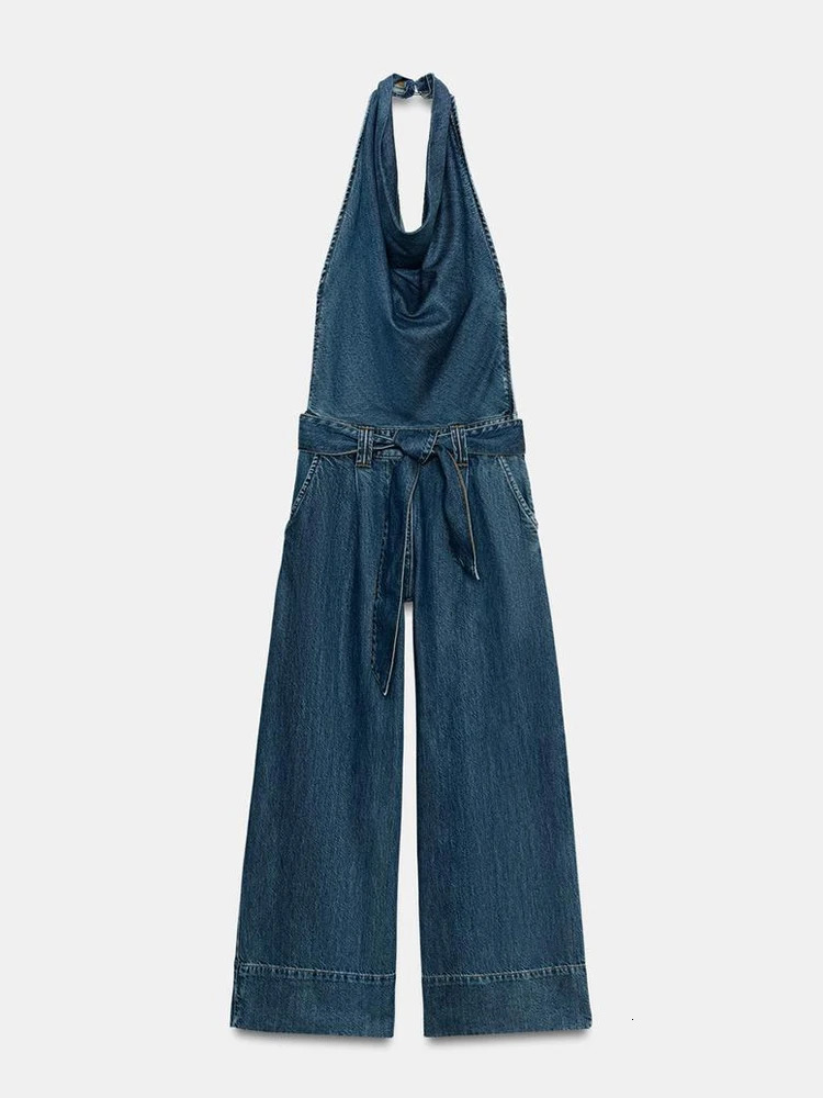 Womens Blue Denim Halter Jumpsuit Cute Fashion Loose Fit Belted Denim Halter Overalls 2026 Lady Summer Cozy Weekend Outfits 260709BJ