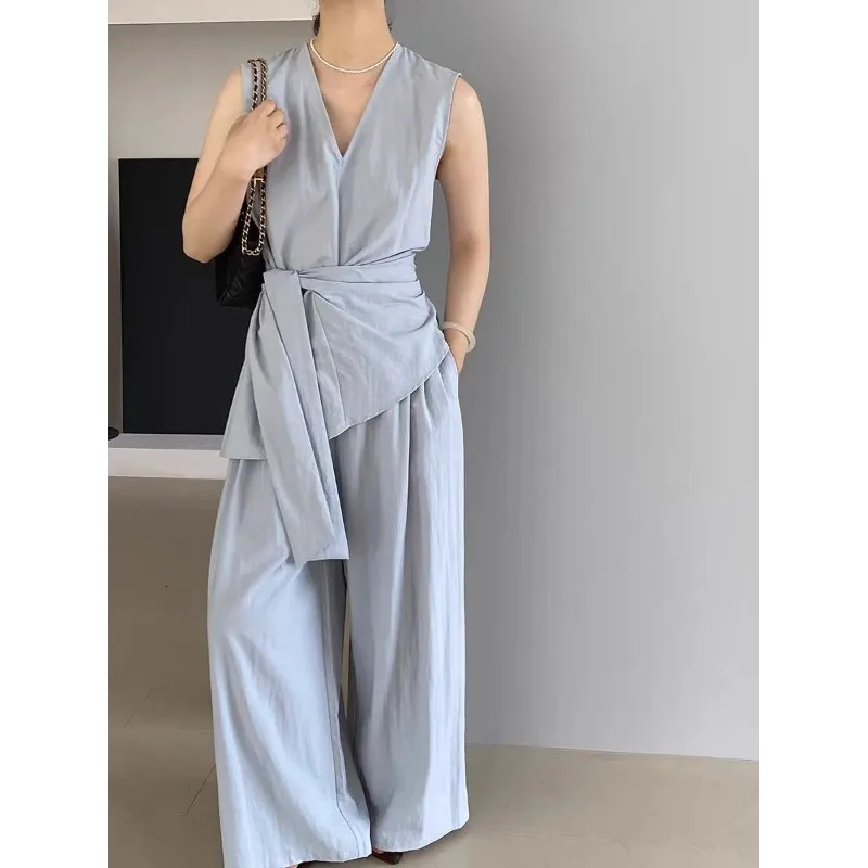 Womens Light Gray Linen Sleeveless Top And Wide-Leg Pants Set With Belt For Casual Daily Comfortable Wear 260708BJ