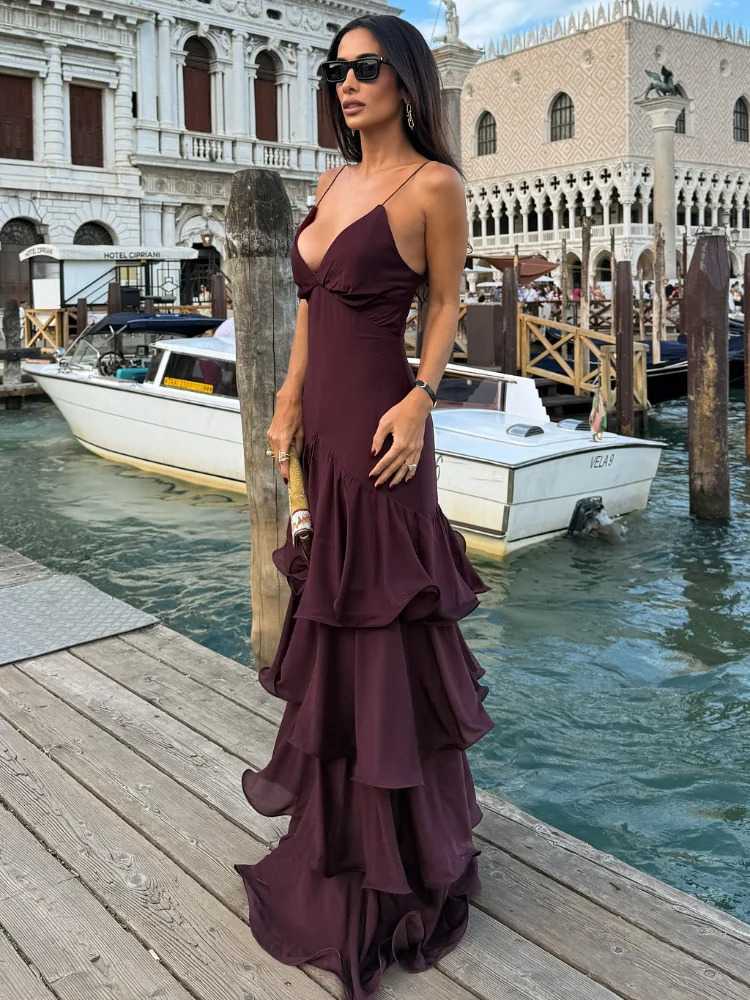Elegant Solid Ruffled Sling Dress for Women Fashion Sleeveless Backless Party Maxi Dresses Female Vacation Robes Street 260709BJ