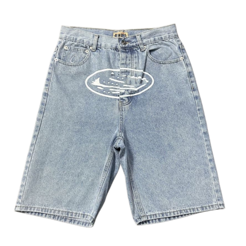 Oversized Men's Jorts Designer Style Denim Shorts with Star Embroidery Graphic Front Print Loose Fit Y2K Aesthetic Summer Bottoms