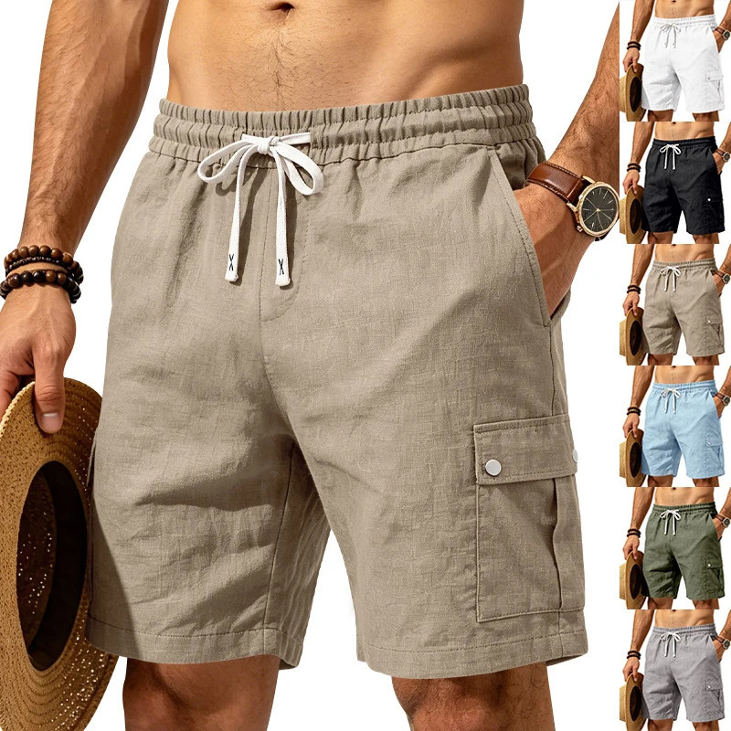 Mens Elastic Cotton Linen Cargo Shorts Slub Fabric Multi Pockets Loose Outdoor Beach Sports 5 Inch EU US 260708BANJIA