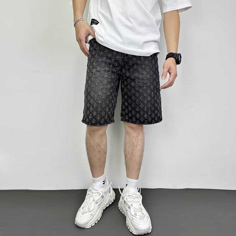Cross Border Niche Men's Pants 2024 New Summer Loose Straight Wide Leg Jacquard High End Denim Shorts For Men