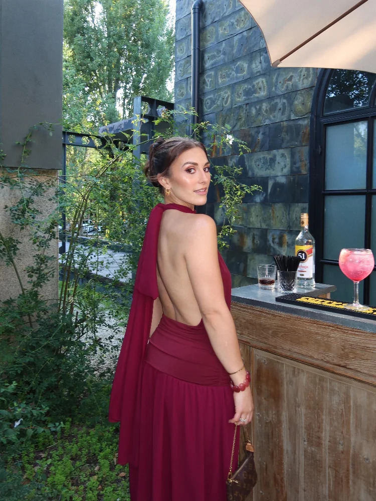 Chiffon Halter Neck Open-Back Maxi Dress with Flowing Sash Ruched Waist High Neck 2026 Summer Elegant Feminine Women Vestido 260709BJ