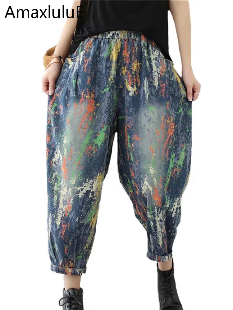 Amax luluE 2025 Spring Streetwear Women Fashion Loose Printed Jeans Ladies Casual Vintage Denim Pants y Punk Harem Trousers 260701 30