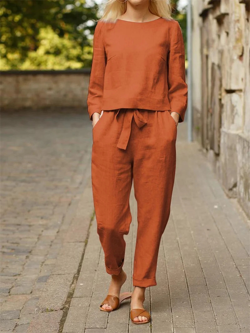 Casual Elegant Ladies 2 Piece Sets Fashion Spring Cotton Linen Womens Tracksuit Suit Long Sleeve Top Loose Pants Set Female 260708BJ