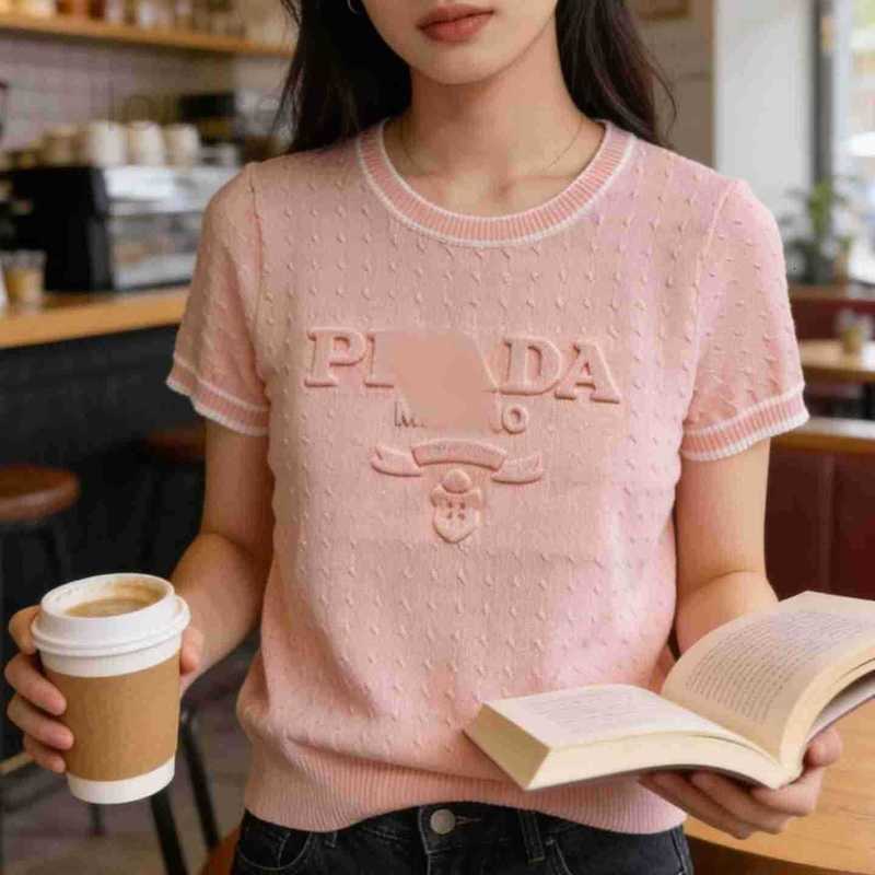 Designer Women's T-Shirt 2026 Spring/Summer New Luxury Socialite Style Elegant Letter Jacquard Short Sleeve Round Neck Pullover Knit Sweater Fa