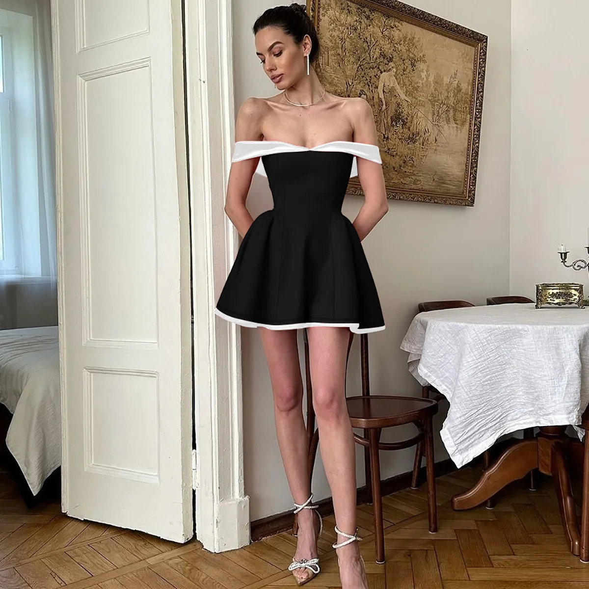 Elegant Sexy Womens Dress Fashionable High Waist Knitted A-Line Skirt Short Sleeve Party Wear for Ladies 260708BJ