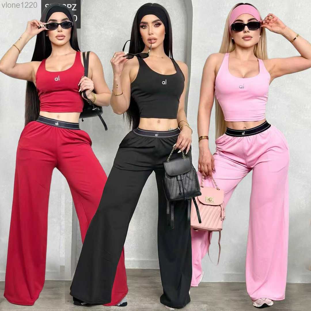 European American Womens Summer New Fashion Trend Set Casual Pure Color Embroidery Vest Wide-leg Pants Two-Piece Set DD0177-97 L26923