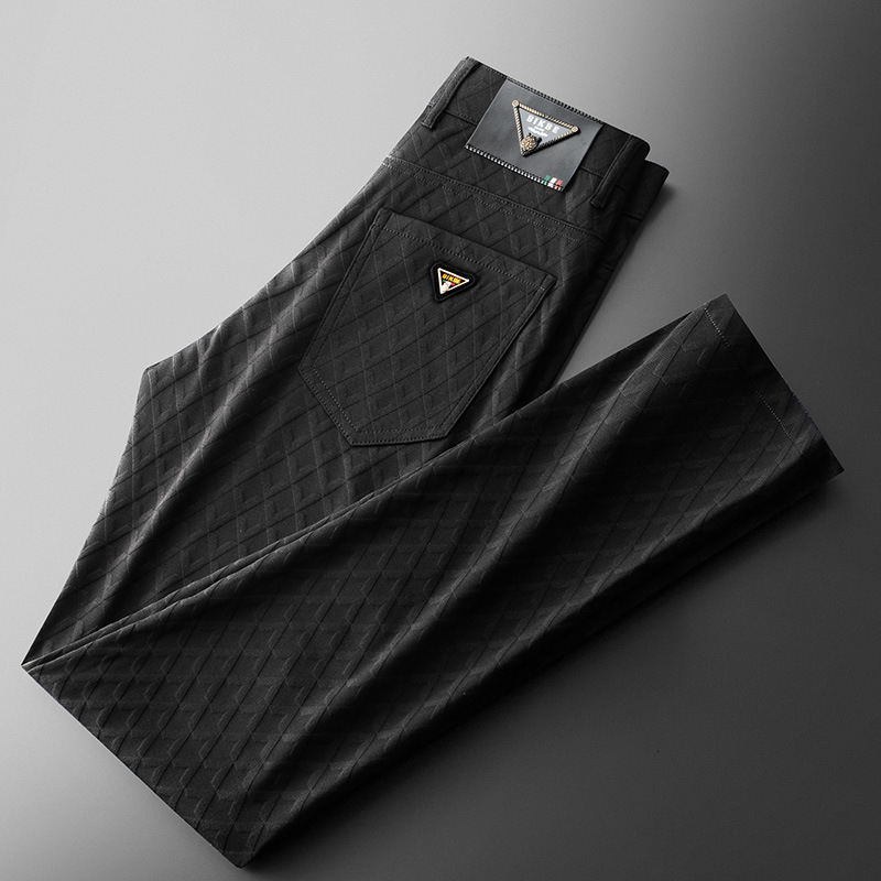 Luxury High End Business Jacquard Casual Pants For Men Autumn And Winter Warm Fleece Lined Plaid Slim Fit Straight Leg Trousers