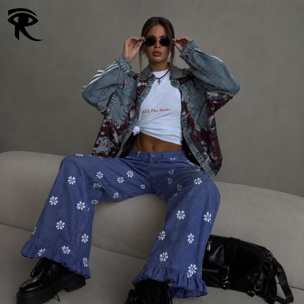 2026 New Vintage Floral Wide Leg Jeans For Women Ruffled Hem Luxury Street Hip Hop Trendy Denim Pants Original Fashion Designer Factory Direct Wh