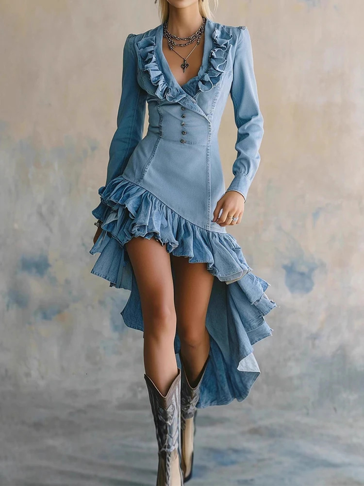 Elegant Ruffled Waist Pleat Long Dress Womens Fashion Irregular Solid Slim Party Dress Sexy V-neck Long Sleeve Wash Denim Dress 260709BJ