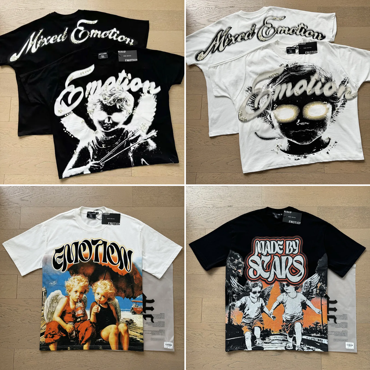 Men's T-Shirt MIXED EMOTION 25ss Shirt Vintage Diamond EMOTION NEVER DIE Black Logo Top Tees Rhinestone High Street Short Sleeved T-shirts Size