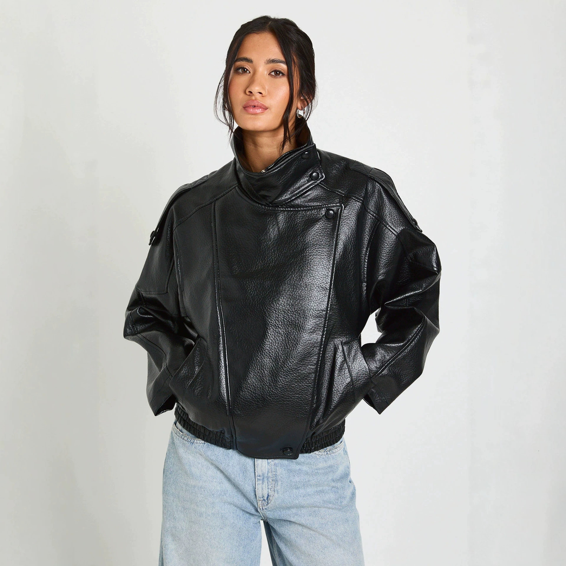 European And American Stand-Up Collar Oversized PU Leather Jacket For Women, Loose Casual Street Style, Versatile Biker Style Short Coat