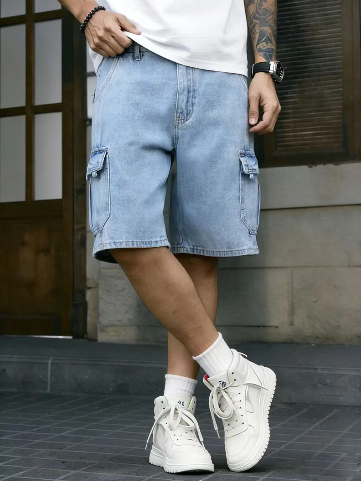 Mens Summer Loose Straight Fit Five Pocket Denim Shorts in American Retro Workwear Style 260630BANJIA
